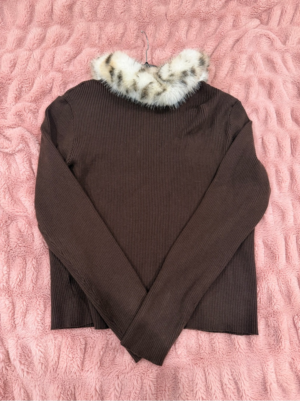 Fashion Nova Brown Ribbed Cardigan with Leopard Faux Fur Collar - Picture 3 of 4